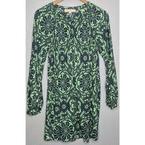 LOFT Womens Green Navy Printed Pleated Button  V Neck Long Sleeve Dress Size S